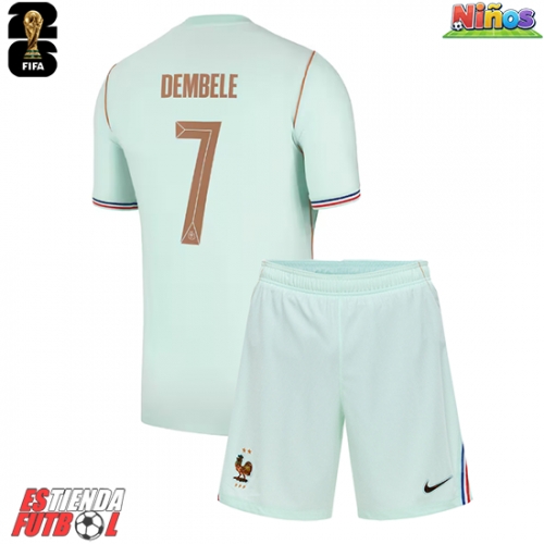 Francia Ousmane Dembele #7 Segunda Equipación Niños Mundial 2026 Manga Corta (+ Pantalones cortos)